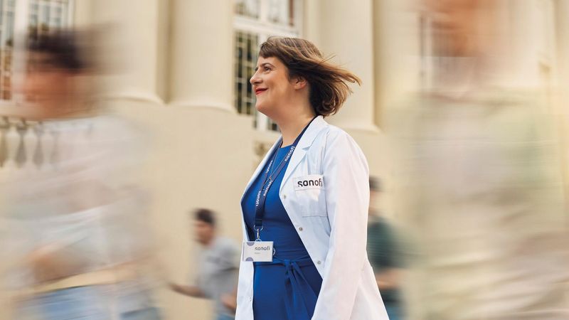 A smiling woman wearing a white Sanofi lab coat and company badge smiles while walking forward outside of a building. Several people are running alongside her in the background, they are blurred in motion. Overlay text reads: "Working in Research and Development."