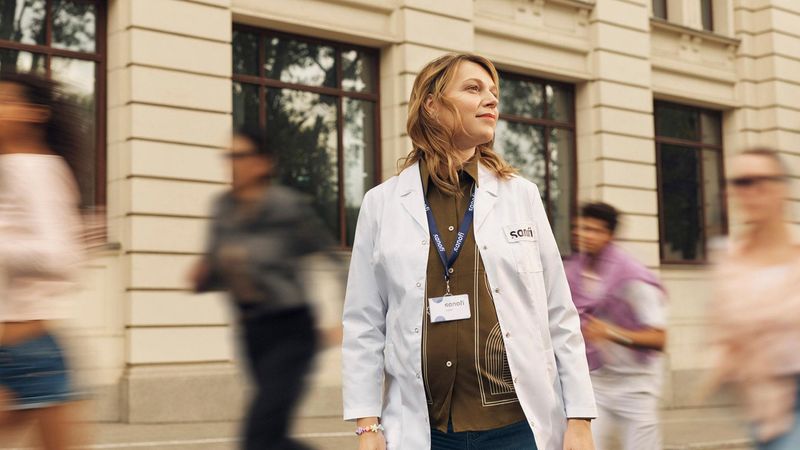 A woman in a white Sanofi lab coat and company badge looks ahead with an optimistic expression while standing outside a building. Overlay text reads: "Working in Manufacturing and Supply."