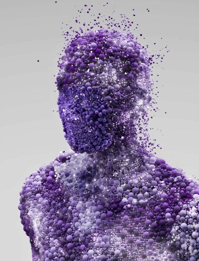 An abstract human-like figure composed of small purple molecules, with some molecules appearing to dissipate from the head and shoulders, set against a light grey background.​